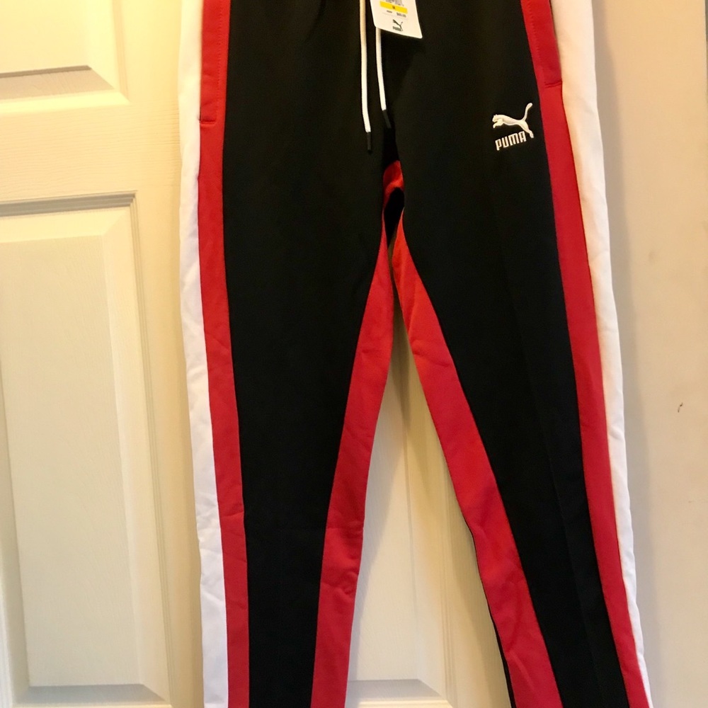 Puma T7 Vintage Black Red White Pants Women Medium